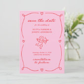 Whimsical Cupid | Roze en Rood Foto en QR-code Save The Date (Staand voorkant)