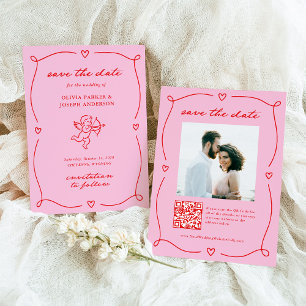 Whimsical Cupid   Roze en Rood Foto en QR-code Save The Date