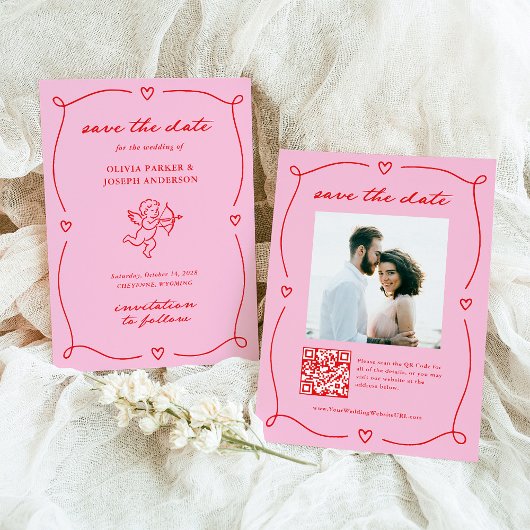 Whimsical Cupid | Roze en Rood Foto en QR-code Save The Date