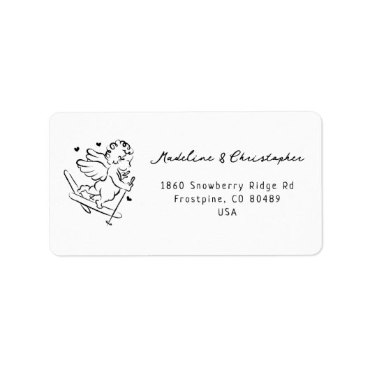 Whimsical Cupid Ski Winter Wedding Retouradres Etiket (Voorkant)