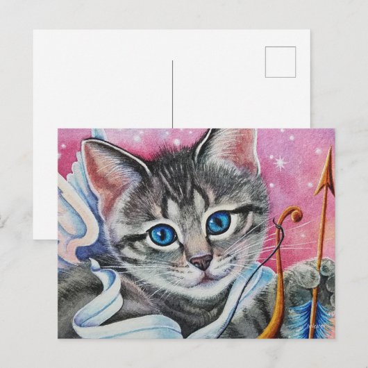 Whimsical Cupid Tabby Kitty Cat Waterverf Art Briefkaart (Voorkant / Achterkant)