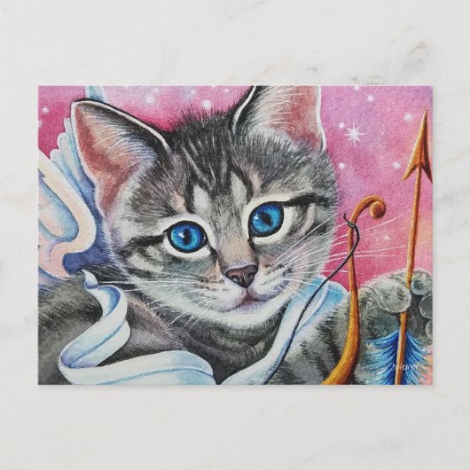 Whimsical Cupid Tabby Kitty Cat Waterverf Art Briefkaart (Voorkant)