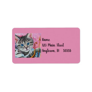 Whimsical Cupid Tabby Kitty Cat Waterverf Art Etiket