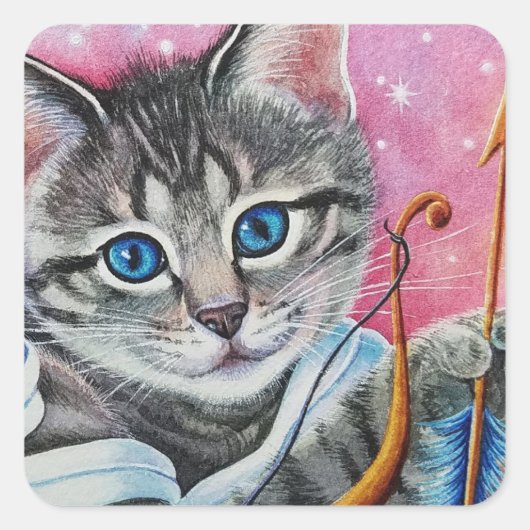 Whimsical Cupid Tabby Kitty Cat Waterverf Art Vierkante Sticker (Voorkant)