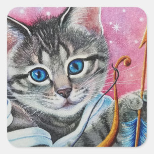 Whimsical Cupid Tabby Kitty Cat Waterverf Art Vierkante Sticker