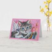 Whimsical Cupid Tabby Poes Kat Aquarel Kunst Kaart (Gele Bloem)