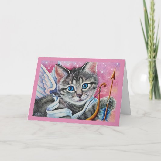 Whimsical Cupid Tabby Poes Katten Waterverf Kunst Kaart (Voorkant)