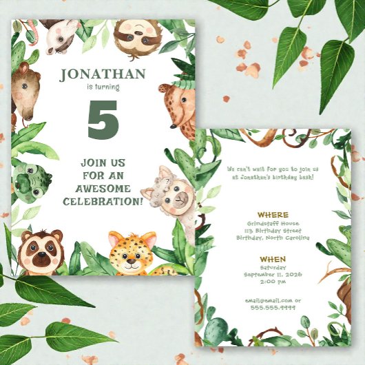 Whimsical Custom Animal Jungle Birthday Invitation Kaart