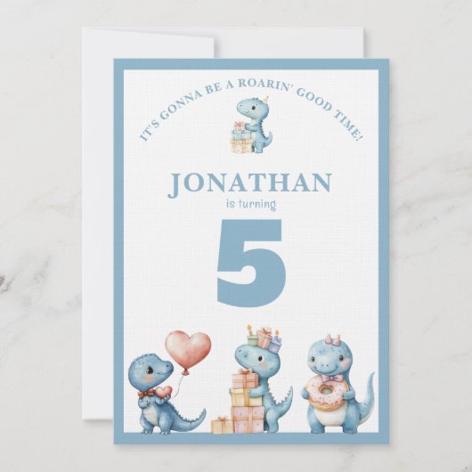 Whimsical Custom Blue Dinosaur Birthday Invitation Kaart (Voorkant)