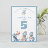 Whimsical Custom Blue Dinosaur Birthday Invitation Kaart (Staand voorkant)