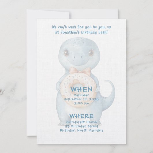 Whimsical Custom Blue Dinosaur Birthday Invitation Kaart (Achterkant)