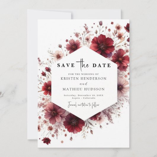 Whimsical Custom Bourgondische bruiloft Save The Date (Voorkant)