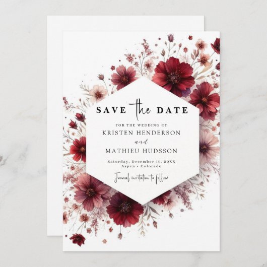 Whimsical Custom Bourgondische bruiloft Save The Date (Voorkant / Achterkant)