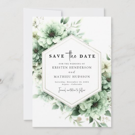 Whimsical Custom Flowers Sage Green Wedding Save The Date (Voorkant)