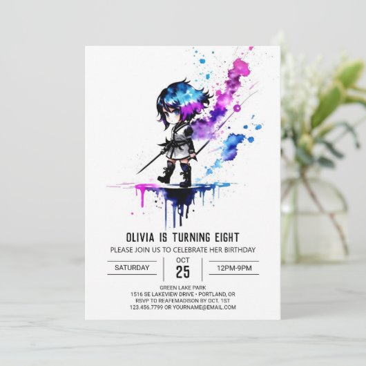 Whimsical Custom Ninja Digitaal Meisje Verjaardag Kaart (Staand voorkant)