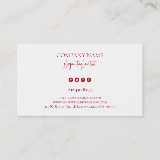 Whimsical custom white typografie op rood en wit visitekaartje (Achterkant)