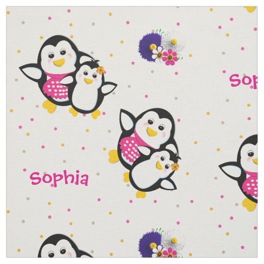 Whimsical Cute Cartoon Penguins Theme Personalized Stof (Swatch)