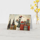 Whimsical Cute Cat with Christmas Gifts and Tree  Kaart (Gele Bloem)