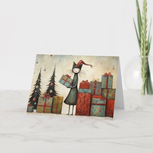 Whimsical Cute Cat with Christmas Gifts and Tree  Kaart (Voorkant)