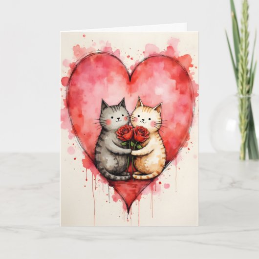 Whimsical Cute Cats Valentine Hearts and Red Roses Kaart (Voorkant)