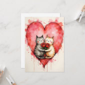 Whimsical Cute Cats Valentine Hearts and Red Roses Kaart (Voorkant / Achterkant in situ)