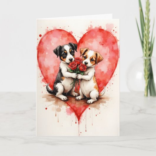Whimsical Cute Dogs Valentine Hearts and Red Roses Kaart (Voorkant)