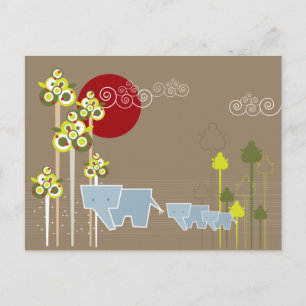 Whimsical Cute Elephant Family in Forest Trees Sun Briefkaart