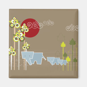 Whimsical Cute Elephant Family in Forest Trees Sun Magneet