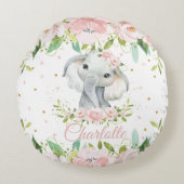 Whimsical Cute Elephant Pink Blush Floral Nursery Rond Kussen (Voorkant)