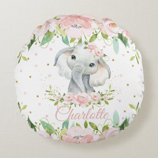 Whimsical Cute Elephant Pink Blush Floral Nursery Rond Kussen (Voorkant)