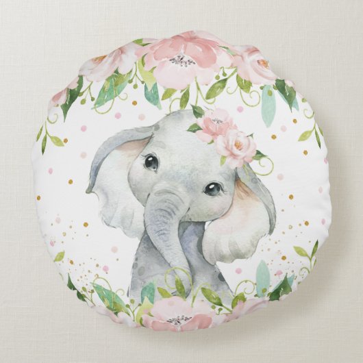 Whimsical Cute Elephant Pink Blush Floral Nursery Rond Kussen (Achterkant)