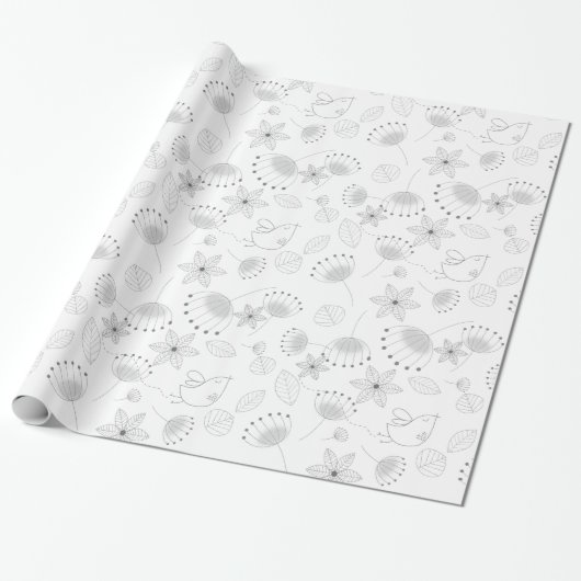 Whimsical Cute Floral and Bird Pattern on White Cadeaupapier (Uitgerold)