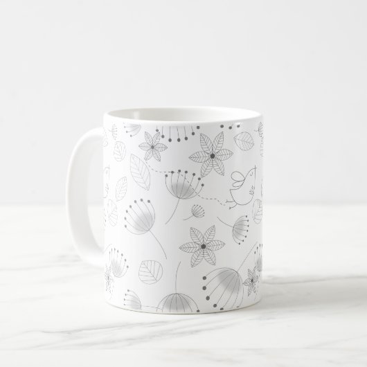 Whimsical Cute Floral and Bird Pattern on White Koffiemok (Voorkant links)