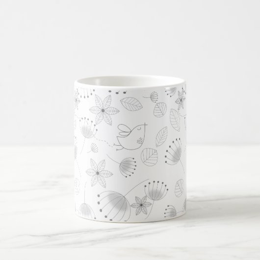 Whimsical Cute Floral and Bird Pattern on White Koffiemok (Center)