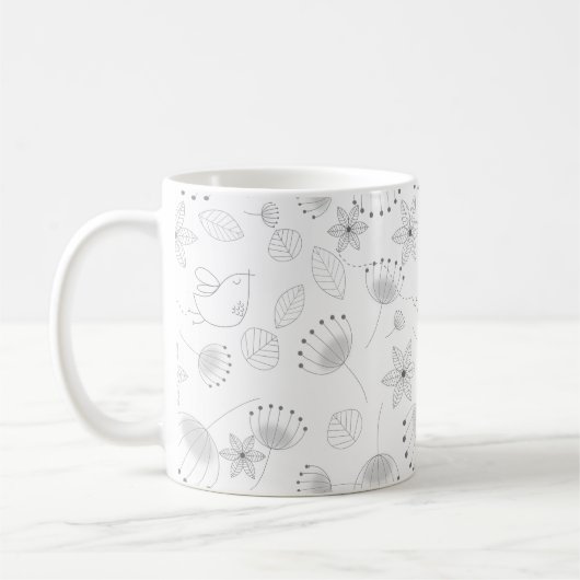 Whimsical Cute Floral and Bird Pattern on White Koffiemok (Links)