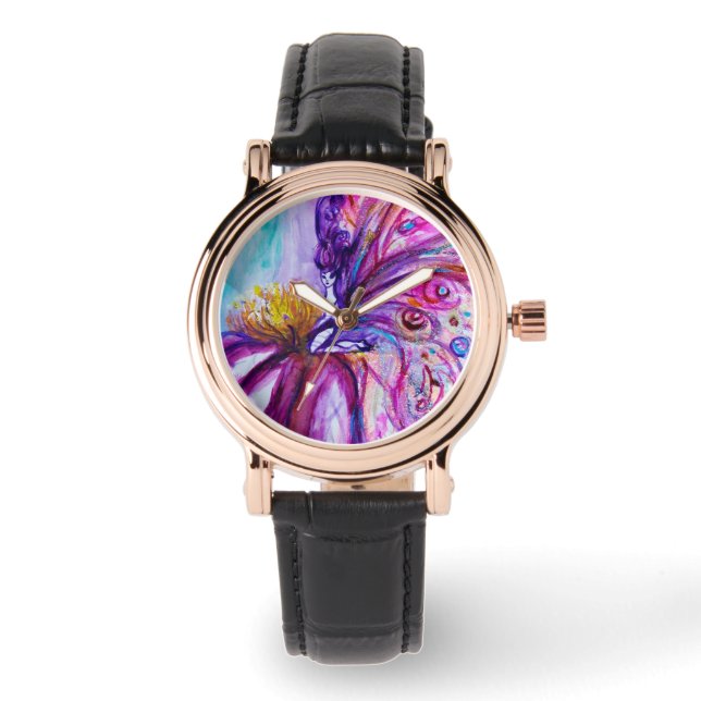 WHIMSICAL CUTE FLOWER FAIRY IN PINK, GOLD SPARKLES HORLOGE (Voorkant)