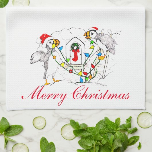 Whimsical Cute Kerstfeestay Puffins Theedoek (Gevouwen)