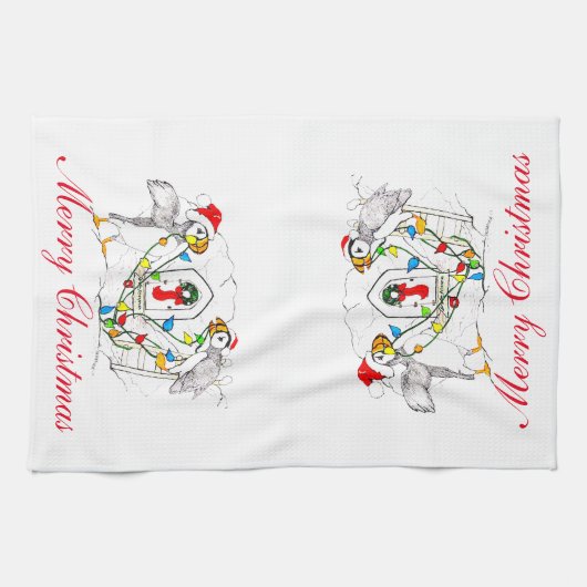 Whimsical Cute Kerstfeestay Puffins Theedoek (Horizontaal)