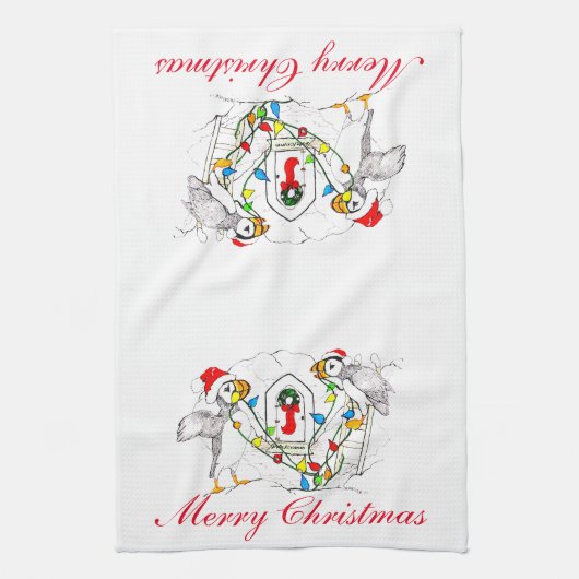 Whimsical Cute Kerstfeestay Puffins Theedoek (Verticaal)