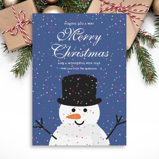 Whimsical Cute Kerstmis Snowman en Snowy Confetti Feestdagenkaart