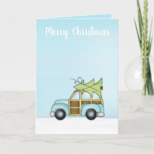Whimsical Cute Merry Blue Car Fun Cartoon Feestdagen Kaart