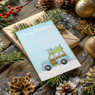 Whimsical Cute Merry Blue Car Fun Cartoon Feestdagen Kaart