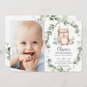 Whimsical Cute Owl Rustic Greenery Birthday Foto Kaart (Voorkant / Achterkant)