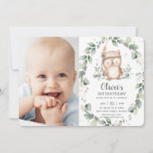 Whimsical Cute Owl Rustic Greenery Birthday Foto Kaart (Voorkant)