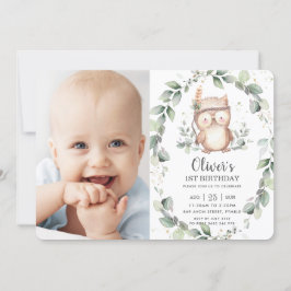 Whimsical Cute Owl Rustic Greenery Birthday Foto Kaart
