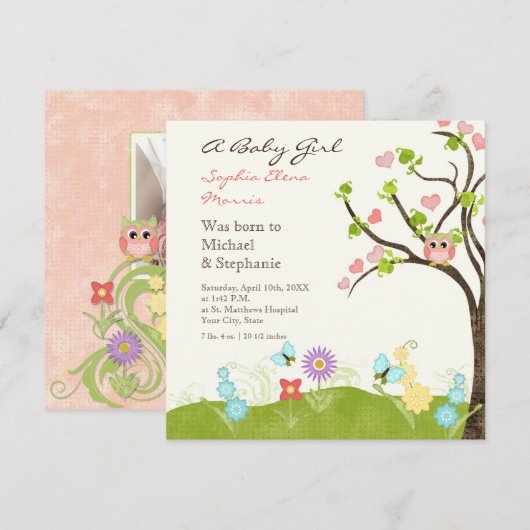 Whimsical Cute Owls Tree of Life Heart Leaf Swirls Aankondiging (Voorkant / Achterkant)