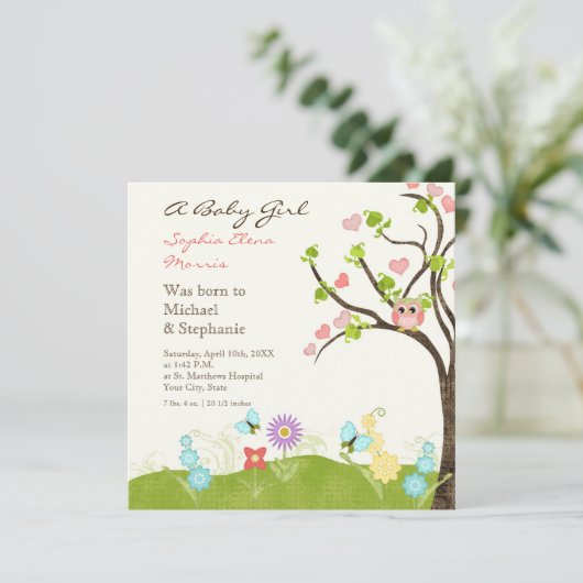 Whimsical Cute Owls Tree of Life Heart Leaf Swirls Aankondiging (Staand voorkant)