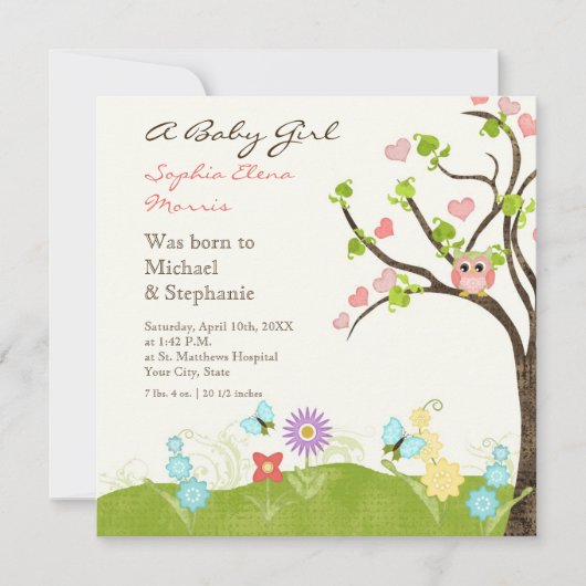 Whimsical Cute Owls Tree of Life Heart Leaf Swirls Aankondiging (Voorkant)