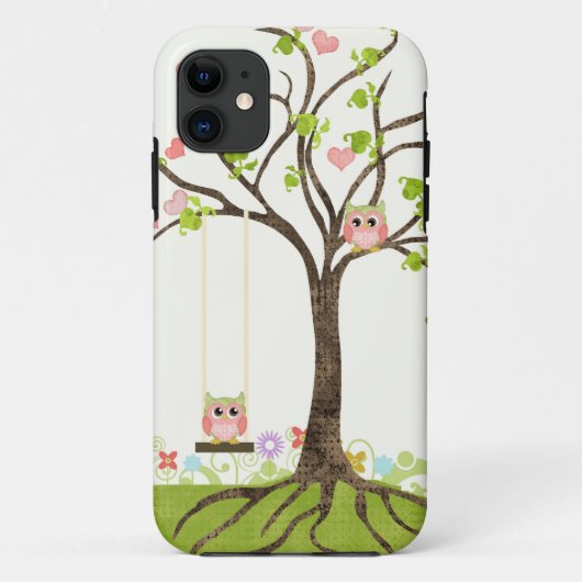 Whimsical Cute Owls Tree of Life Heart Leaf Swirls Case-Mate iPhone Case (Achterkant)