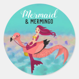 Whimsical Cute Paarse Mermaid & Pink Mermingo Ronde Sticker